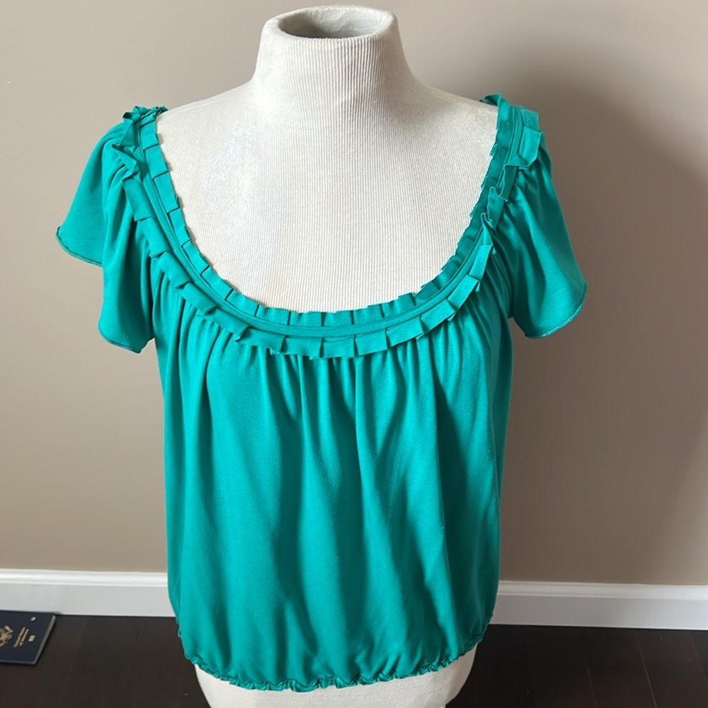 Max studio teal scoop neck top w/flutter sleeve & bubble hem sz M like new - Picture 5 of 6
